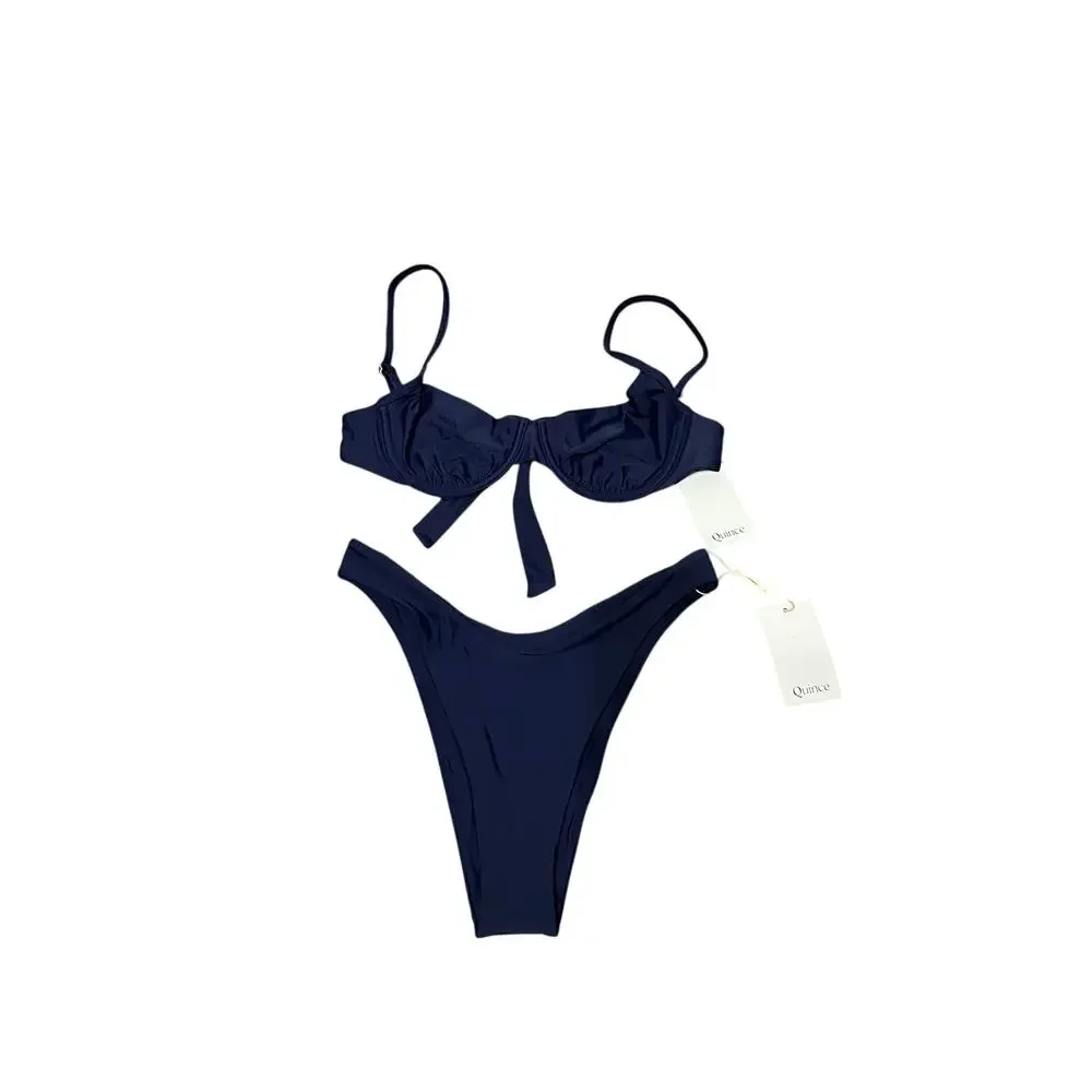 Quince Italian Demi Bikini Top and High Leg Bikini Bottom in Deep Navy Size S
